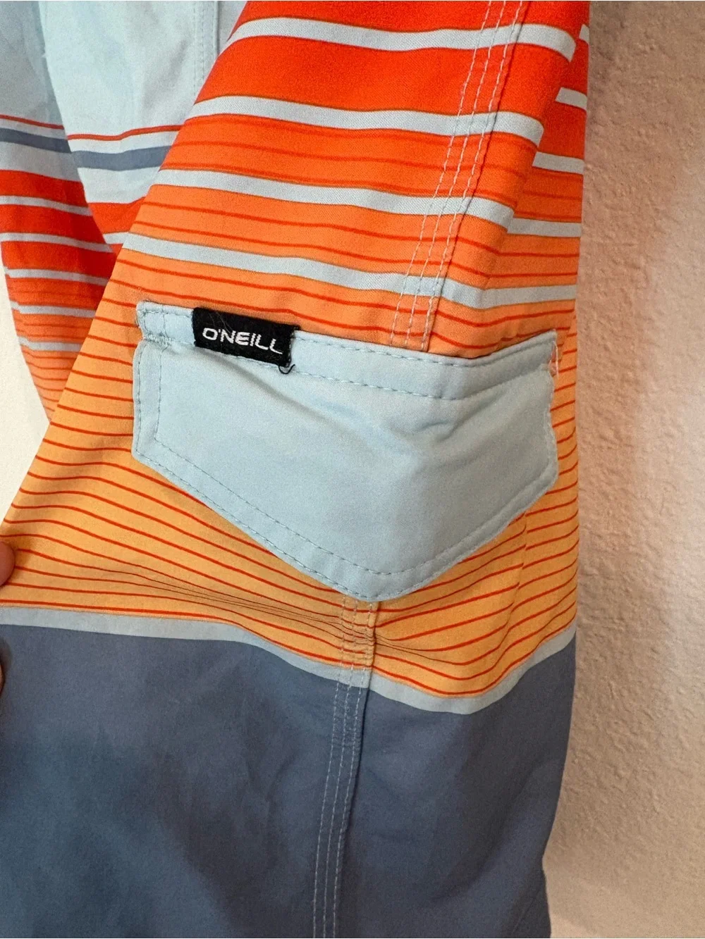 O'Neill Men's Sky Blue, Orange & Gray Striped Boardshorts, size 25